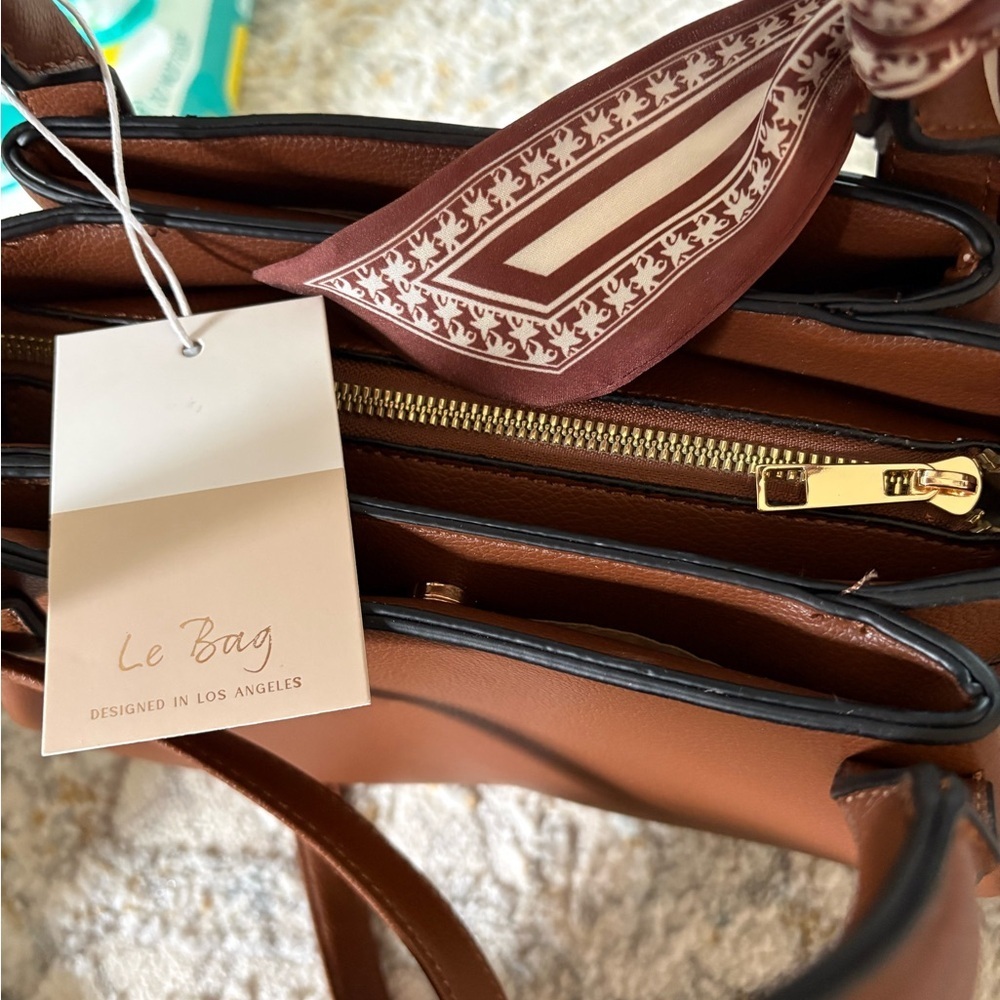 Classic Brown Pebbled Satchel with Scarf Accent - Picture 3 of 3